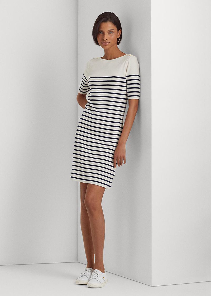 Sukienka Lauren Damska Granatowe W Paski Cotton Boatneck 369271-GXP